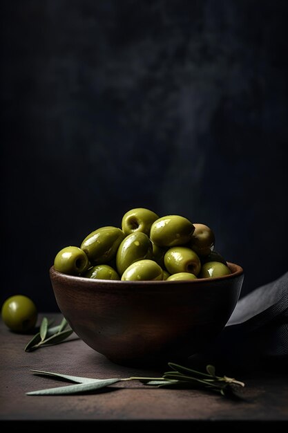 Fresh olives in a bowl on dark background with copy space AI generated