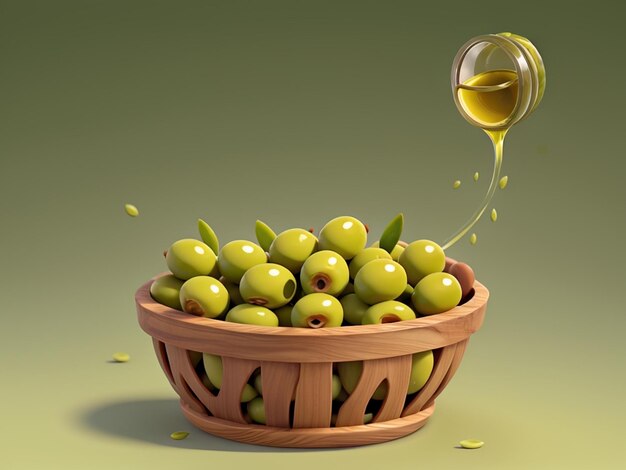 Photo fresh olives and extra virgin olive oil on vibrant green background