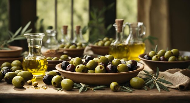 The fresh olives and oil on the table