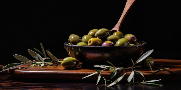 Fresh olives in a spoon with dripping oil Rustic wooden setting AI Generative