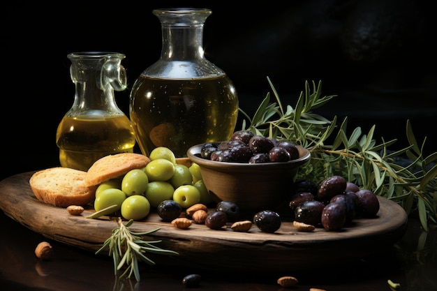 Свежие оливки на столе и оливковое масло в бутылке