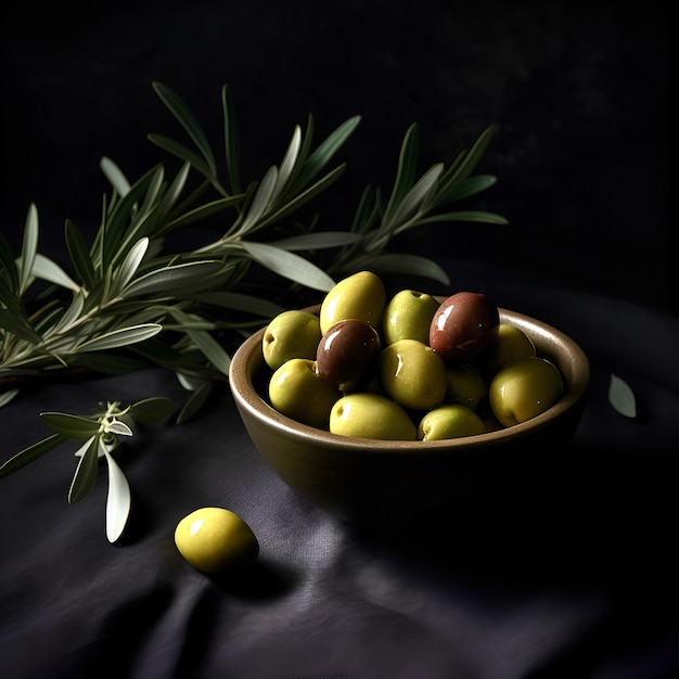 Свежие оливки с листьями в чаше на темном фоне, сгенерированные ИИ