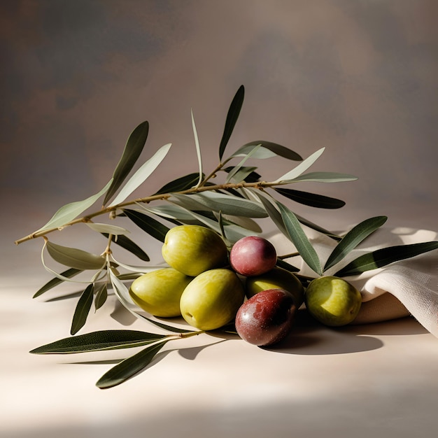 Fresh olives with leaves on dark background AI generated