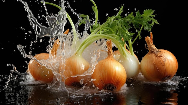 Fresh onion splashed with water on black and blurred background