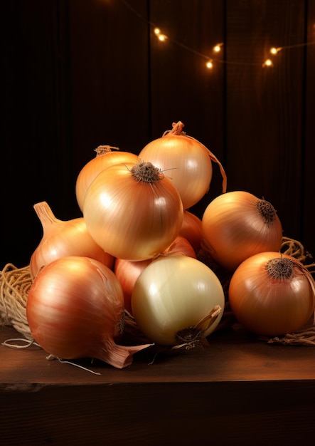 Fresh onions on a wooden table on a dark background Generative AI
