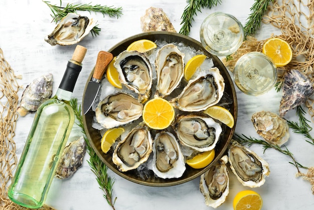 Fresh opened oysters and white wine and lemon Free space for your text Seafood Flat lay