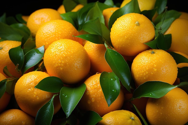 Fresh orange background fresh mandarins with leaves food photography