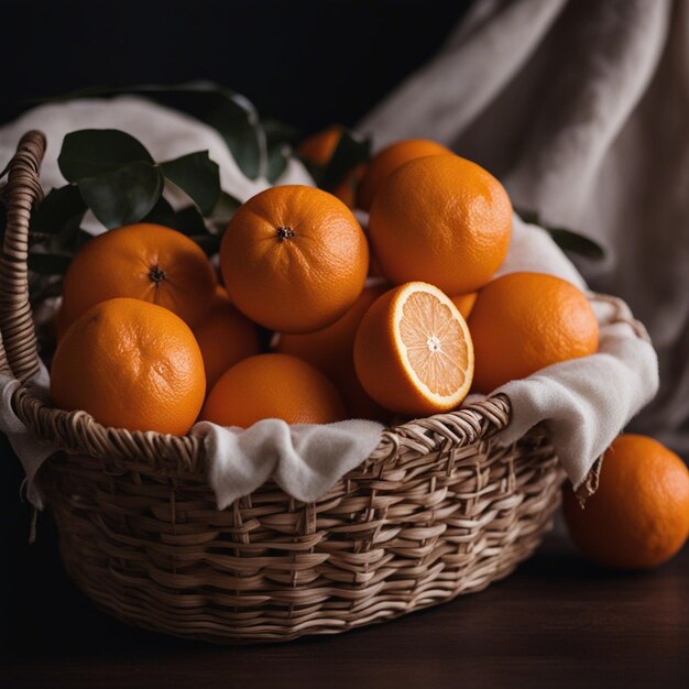 A fresh orange in basket black background