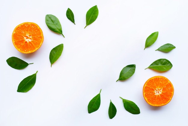 Photo fresh orange citrus fruit with green leaves on white.