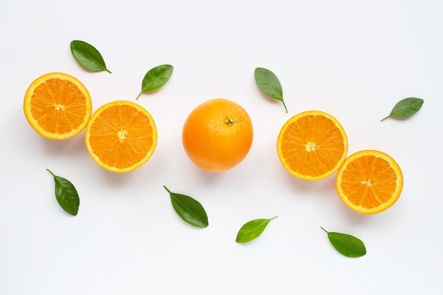 Fresh orange citrus fruit with leaves isolated