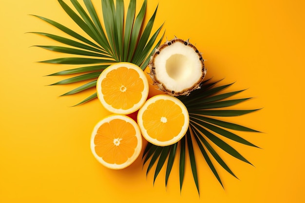 Fresh orange and coconut fruits with palm tree leafs Generative AI