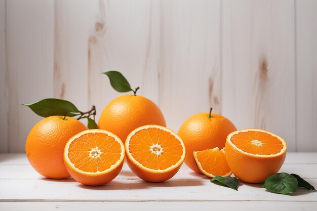 Fresh orange fruit cut in half on white wood background