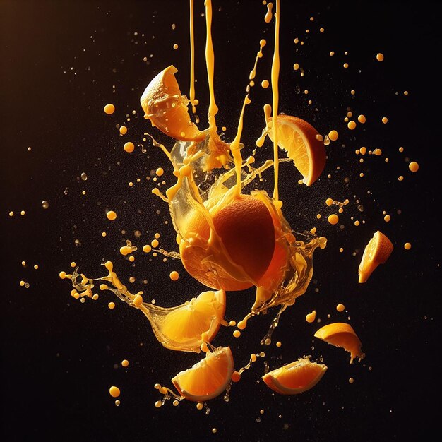 Fresh orange fruit with an energetic splash on black background