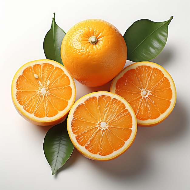 Fresh orange fruit with leaves on white background Flat lay