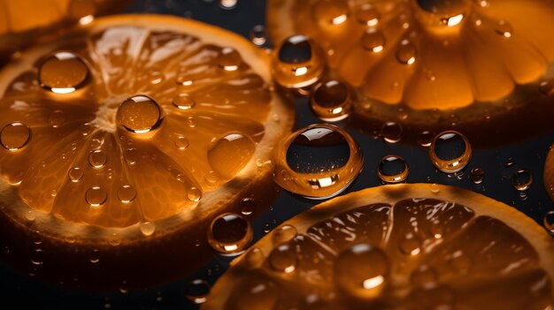 Fresh orange fruit with water splashes and drops on black background