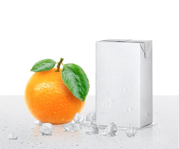 Fresh orange fruits and Packages box having drops water