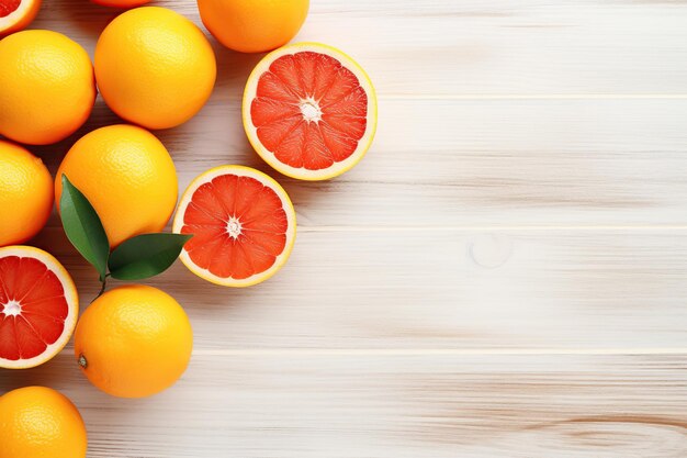 Fresh orange fruits with green leafs on white wooden background