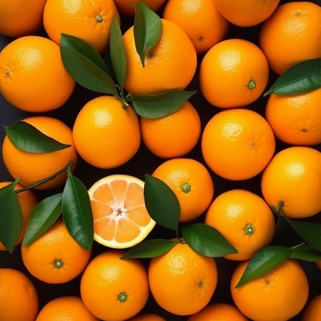 Fresh Orange Fruits with Leaves as Background