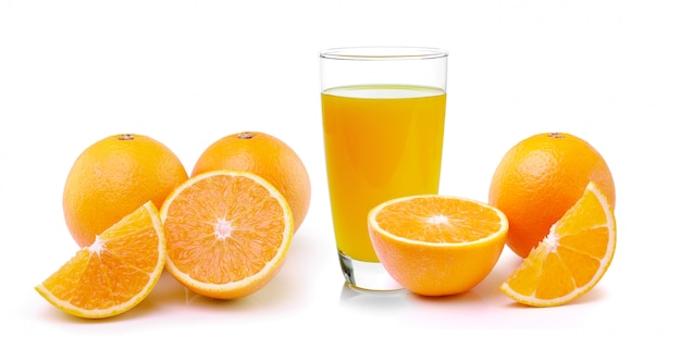 Fresh orange and glass with juice