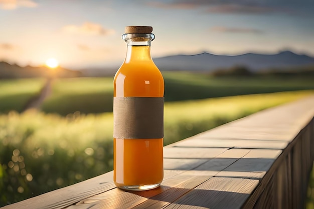 Photo fresh orange juice in glass bottle advertising template