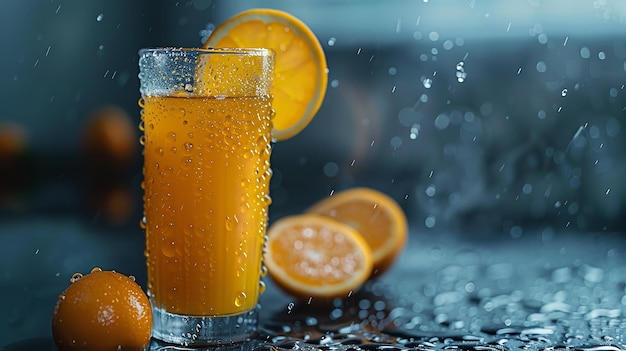 Свежий апельсиновый сок в стакане на темном фоне