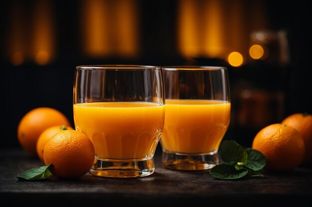 暗い背景にグラスの中の新鮮なオレンジ ジュース