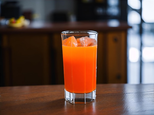 Fresh orange juice in the glass Fresh juice on the table