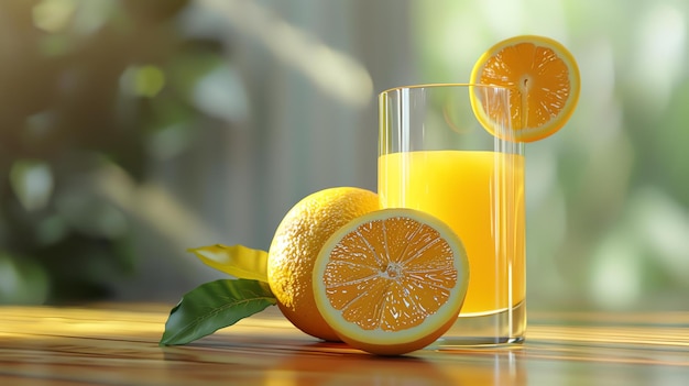 Свежий апельсиновый сок в стакане с оранжевыми кусочками на деревянном столе