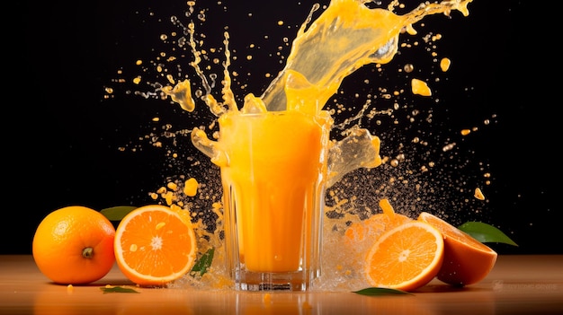 Свежий апельсиновый сок всплеск в стакан с брызгами