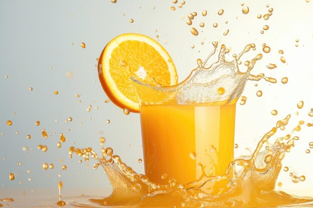 Fresh orange juice splashing out of a glass with a slice of orange