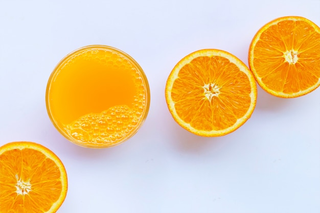 Fresh orange juice with orange fruit on white background.