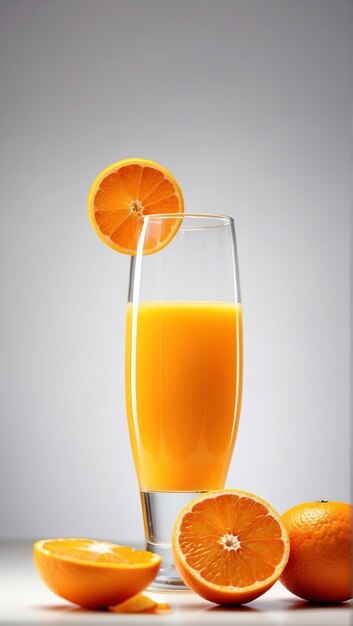 Fresh orange juice with orange slices in the glass isolated on white background