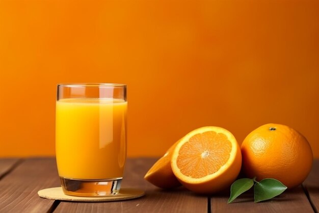 Fresh orange juice with on wooden table background