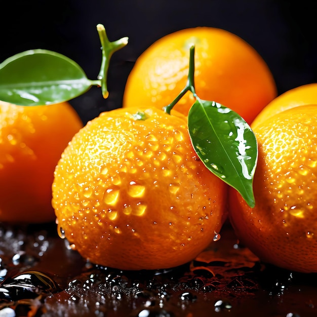 新鮮なオレンジレモン 葉と水の滴