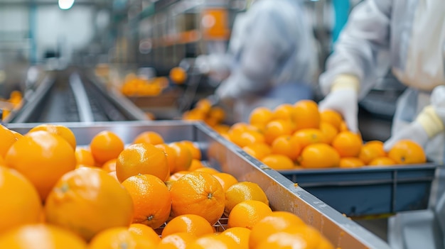 fresh orange processing facility workers sorting and peeling oranges ai generative