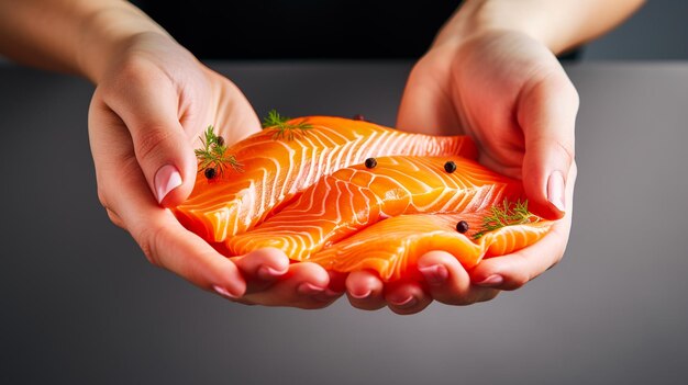 Fresh orange salmon on the girl's hand Generative Ai