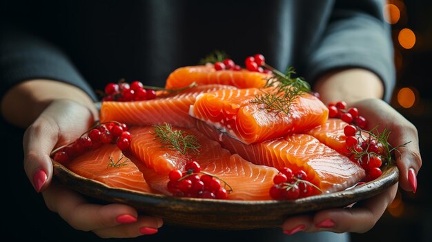 Фото Свежий оранжевый лосось на тарелке generative ai