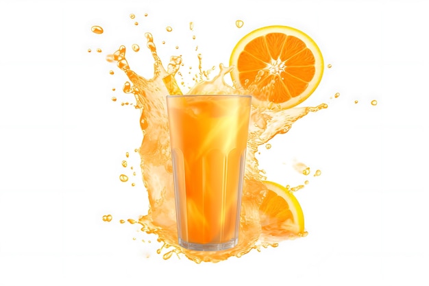 Fresh orange slice and orange juice splash on transparent background