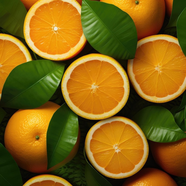 Fresh orange and slice with leaves background Close up Image of juicy organic whole and halved oranges with leaves AI generated