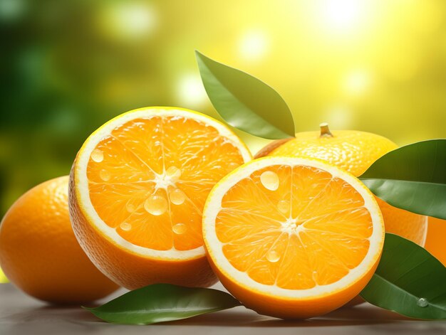 Fresh orange and slices with blur leaves background ai generated by artificial intelligence