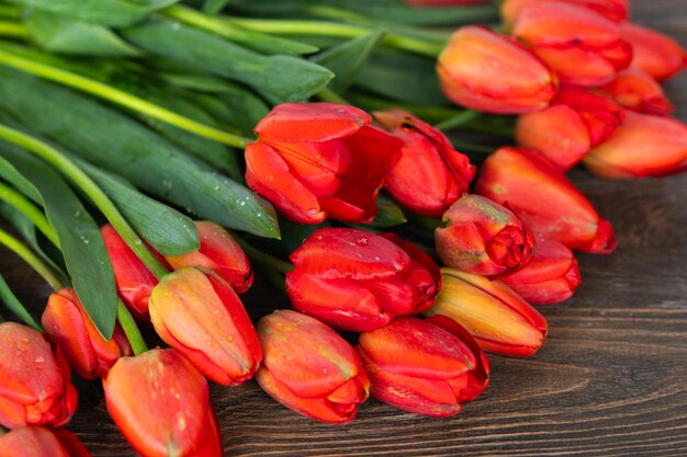 Foto tulipi arancioni freschi su uno sfondo di legno primavera