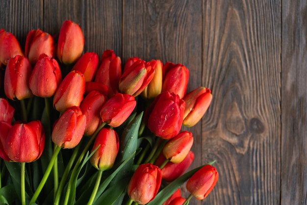 Fresh orange tulips on a wooden background springtime