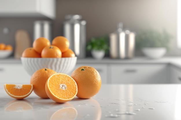 Свежий апельсин на белом фоне сверху на размытом фоне кухни