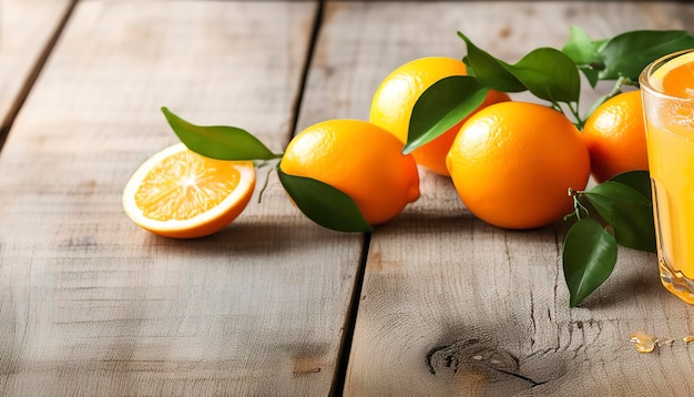 fresh orange with juice on wood table