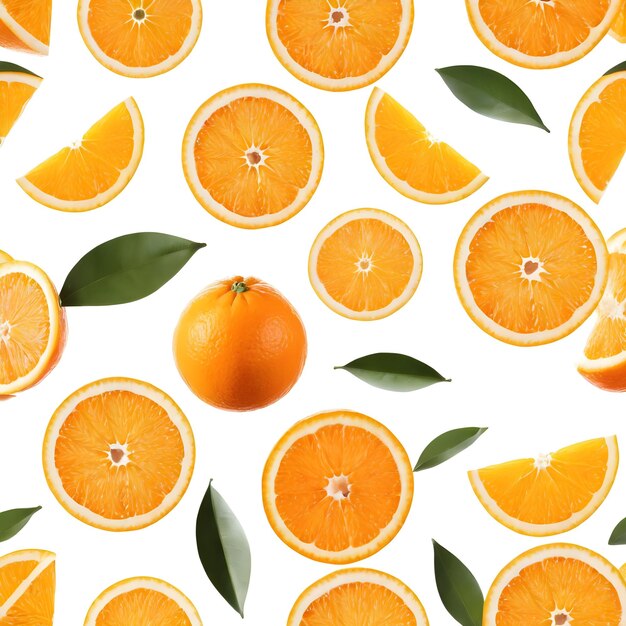 Photo fresh orange with leaf beside sliced segments on a white background