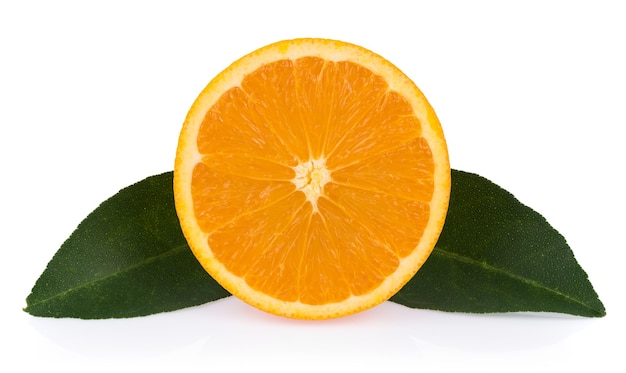 Fresh orange with leaves isolated on white surface