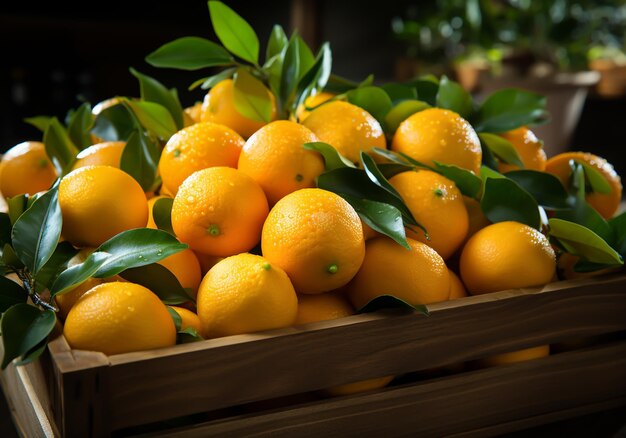 Свежие апельсины в корзине на рынке, сгенерированные ИИ