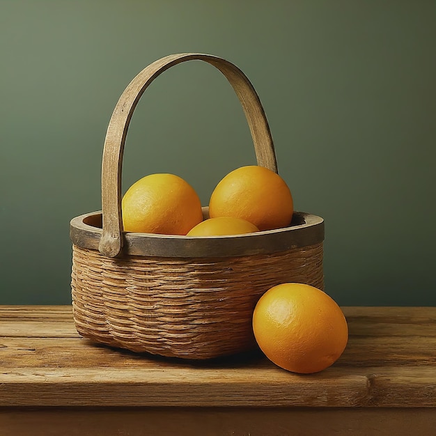 Photo fresh oranges in basket with wooden table