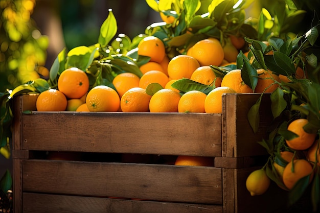 Fresh oranges in crate with plantation background