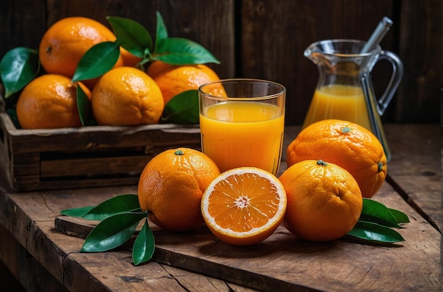 Fresh oranges and orange juice on a rustic wood